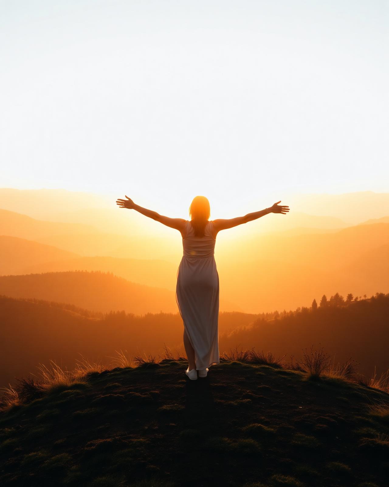 A woman standing on a hilltop at sunrise with arms raised
